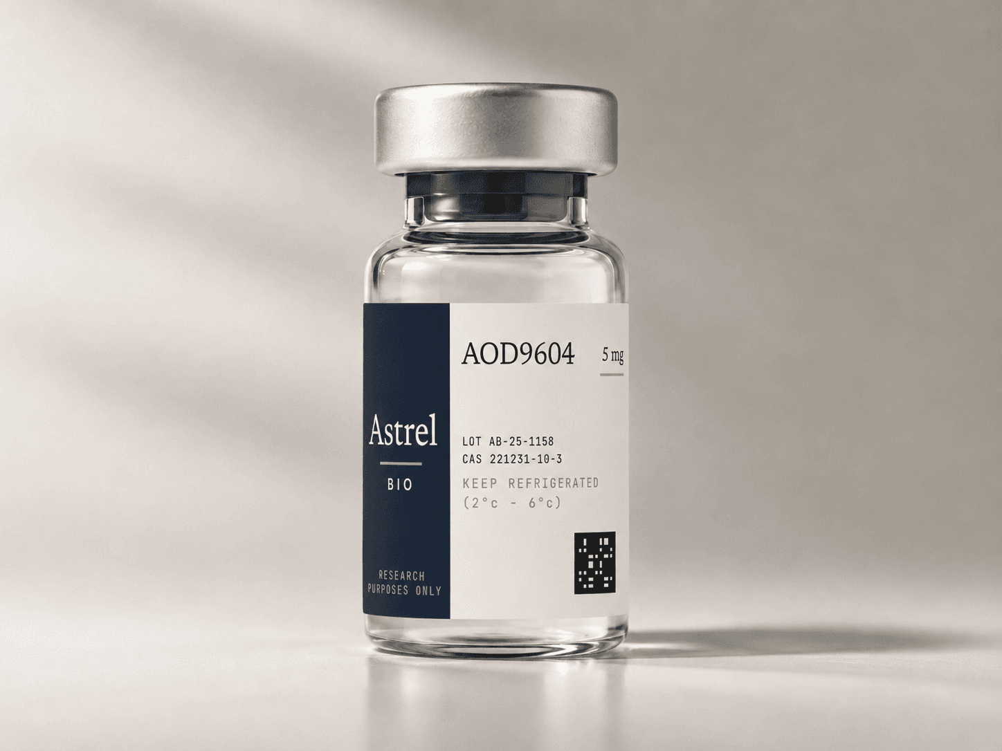 AOD9604 5mg lyophilised research peptide vial with amber glass and blue crimp cap