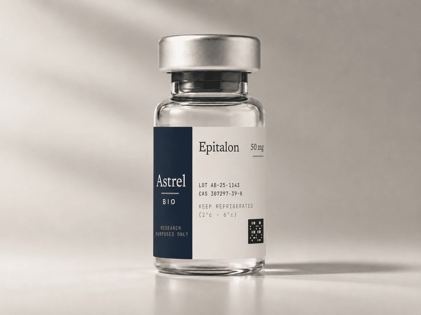 Epitalon 50mg lyophilised research peptide vial with amber glass and blue crimp cap