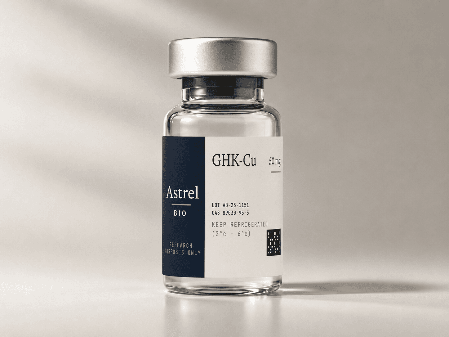 GHK-Cu 50mg lyophilised research peptide vial with amber glass and blue crimp cap
