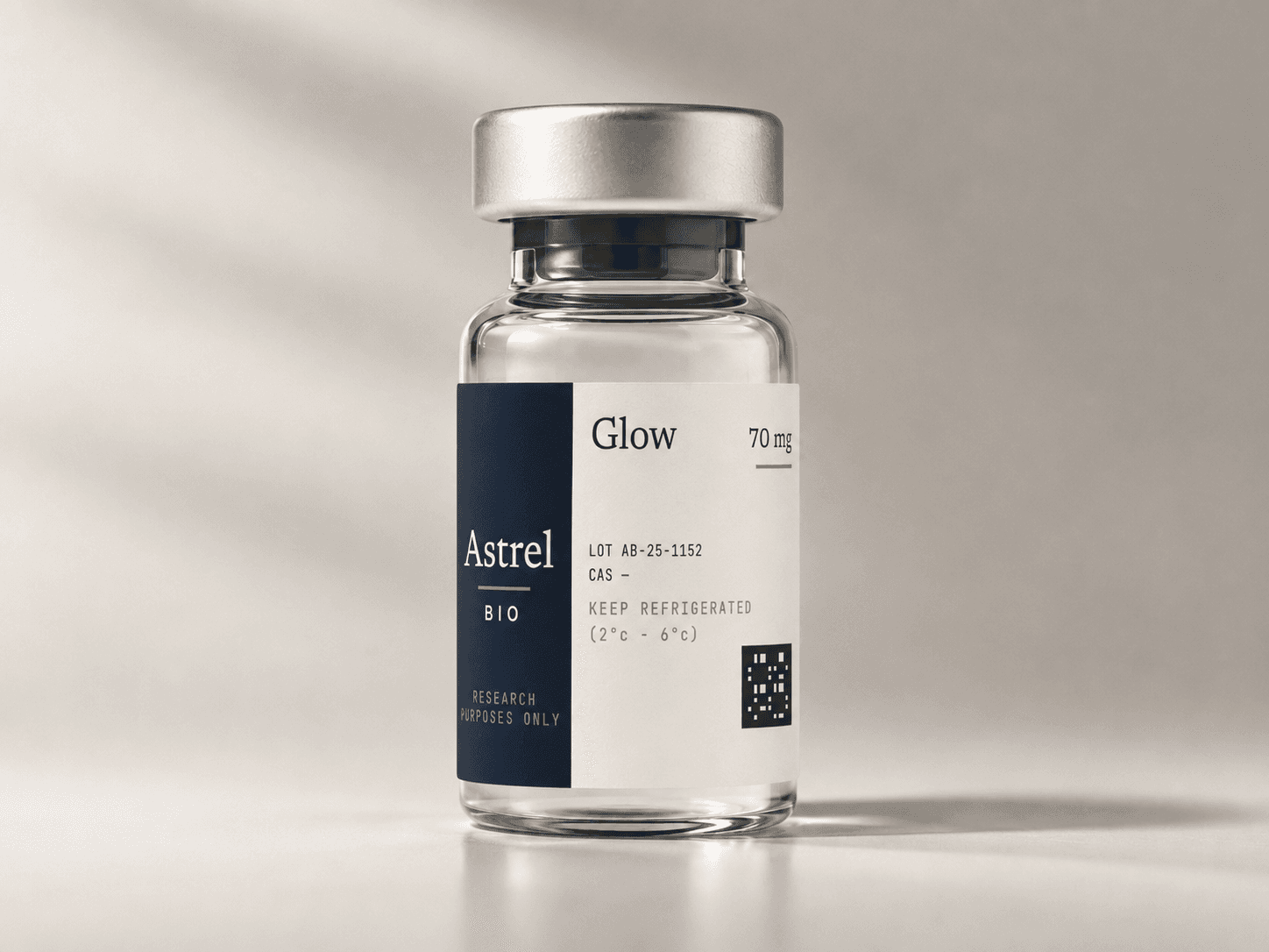 Glow Blend 70mg multi-peptide lyophilised research vial with amber glass and blue crimp cap