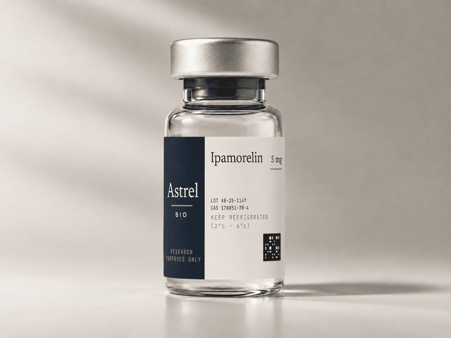 Ipamorelin 5mg lyophilised research peptide vial with amber glass and blue crimp cap