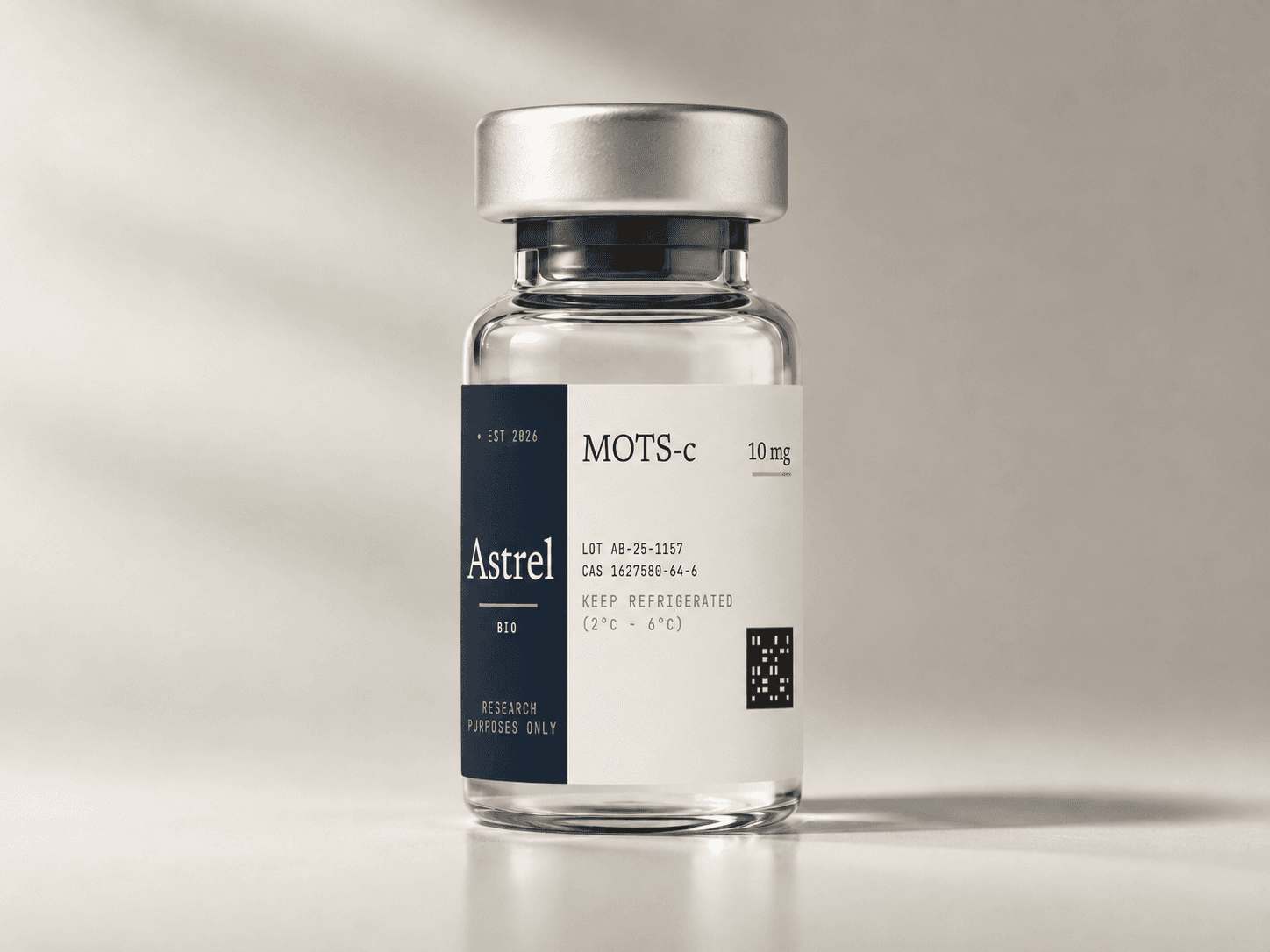 MOTS-c 10mg lyophilised research peptide vial with amber glass and blue crimp cap