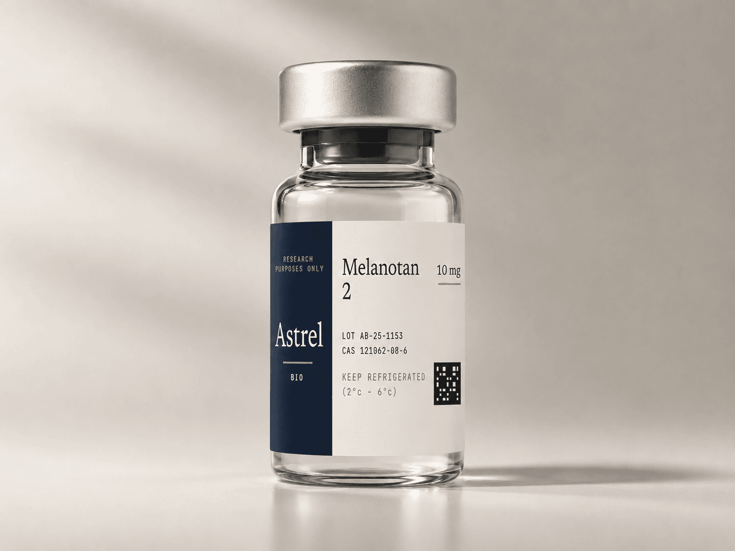 Melanotan 2 10mg lyophilised research peptide vial with amber glass and blue crimp cap