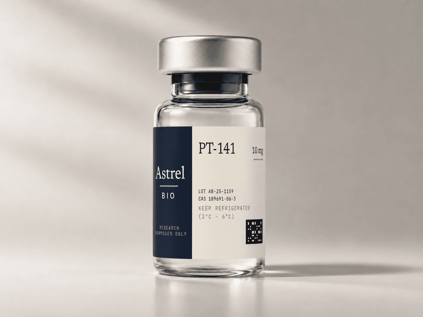 PT-141 10mg lyophilised research peptide vial with amber glass and blue crimp cap