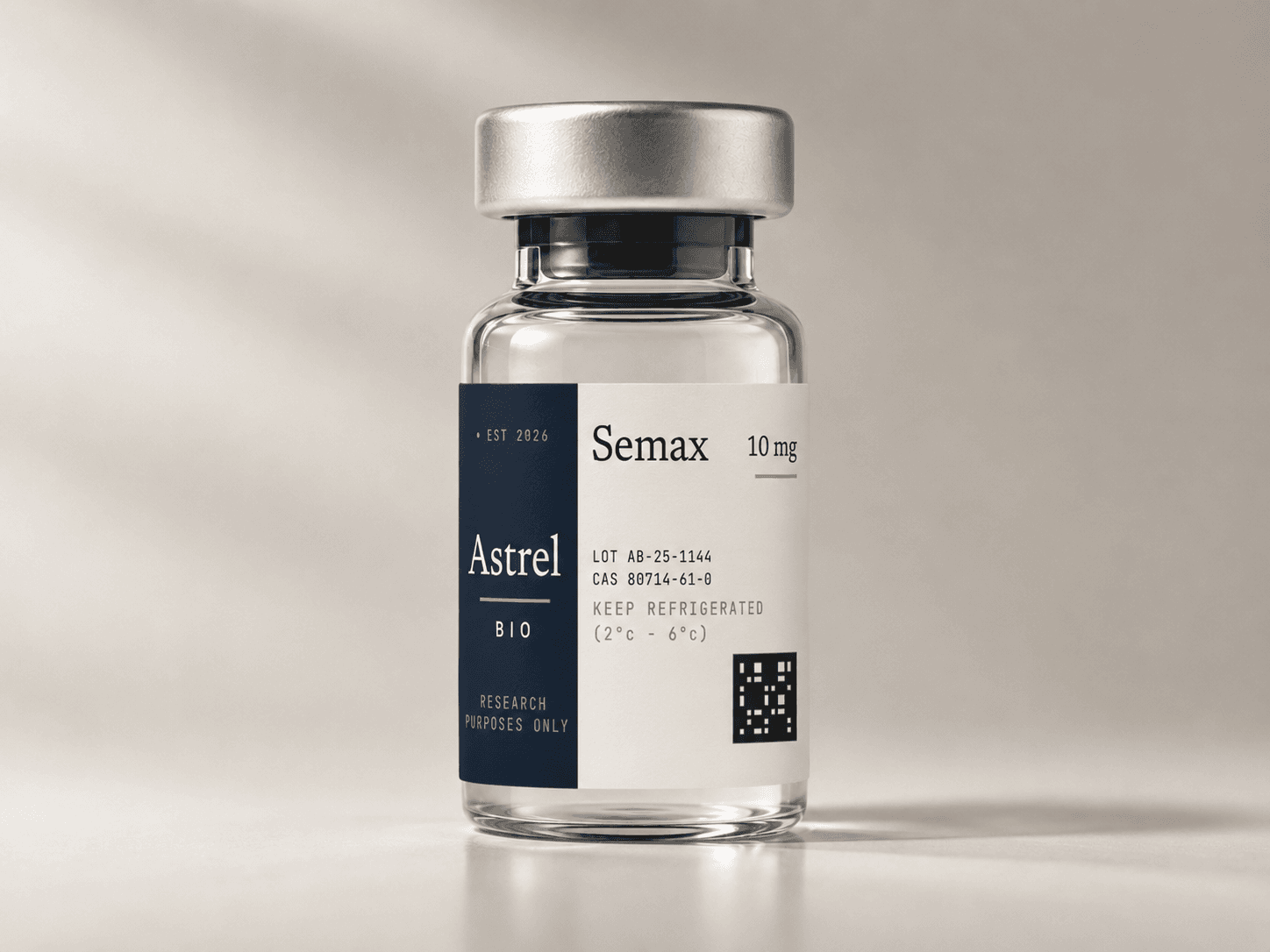 Semax 10mg lyophilised research peptide vial with amber glass and blue crimp cap