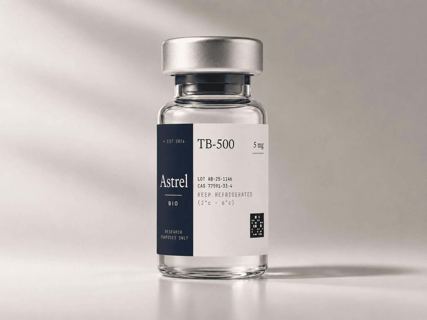 TB-500 5mg lyophilised research peptide vial with amber glass and blue crimp cap