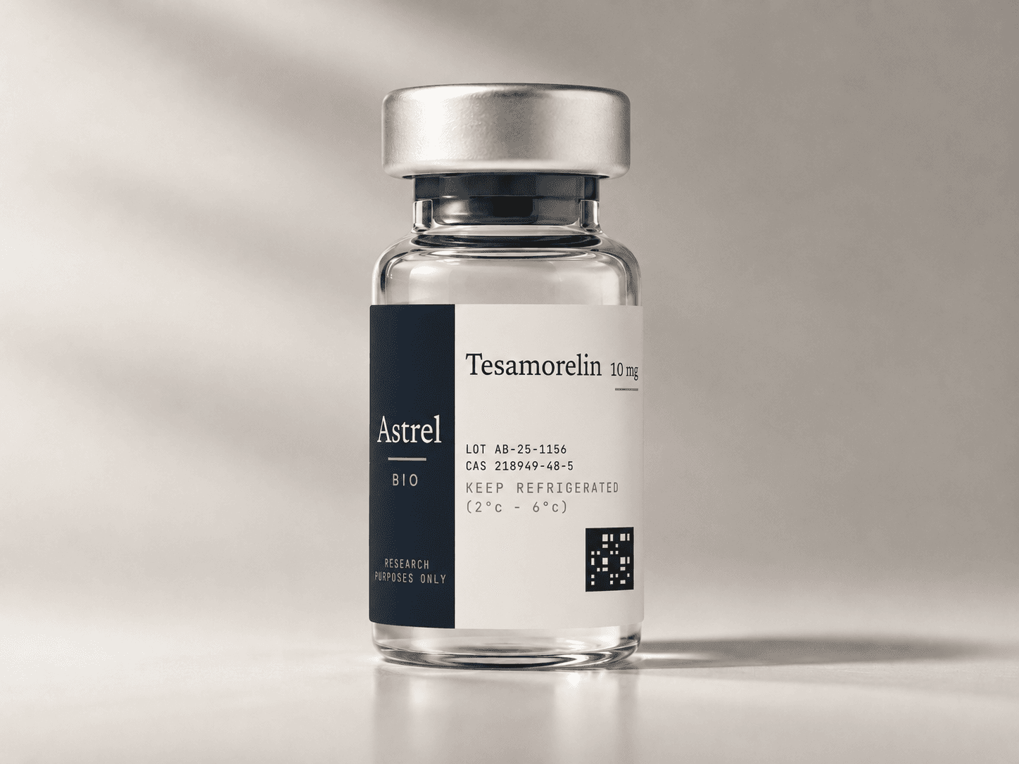 Tesamorelin 10mg lyophilised research peptide vial with amber glass and blue crimp cap