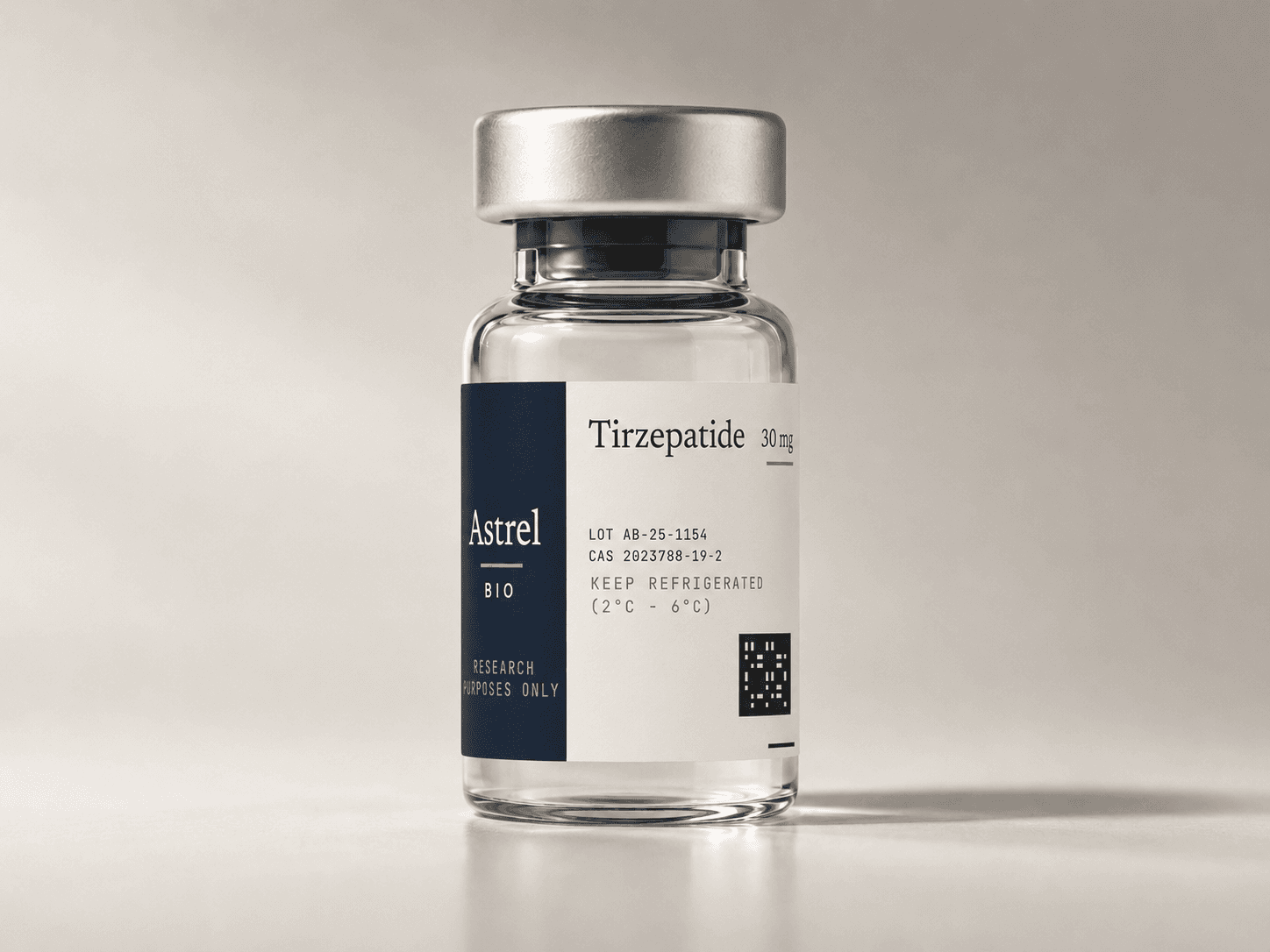Tirzepatide 30-60mg lyophilised research peptide vial with amber glass and blue crimp cap