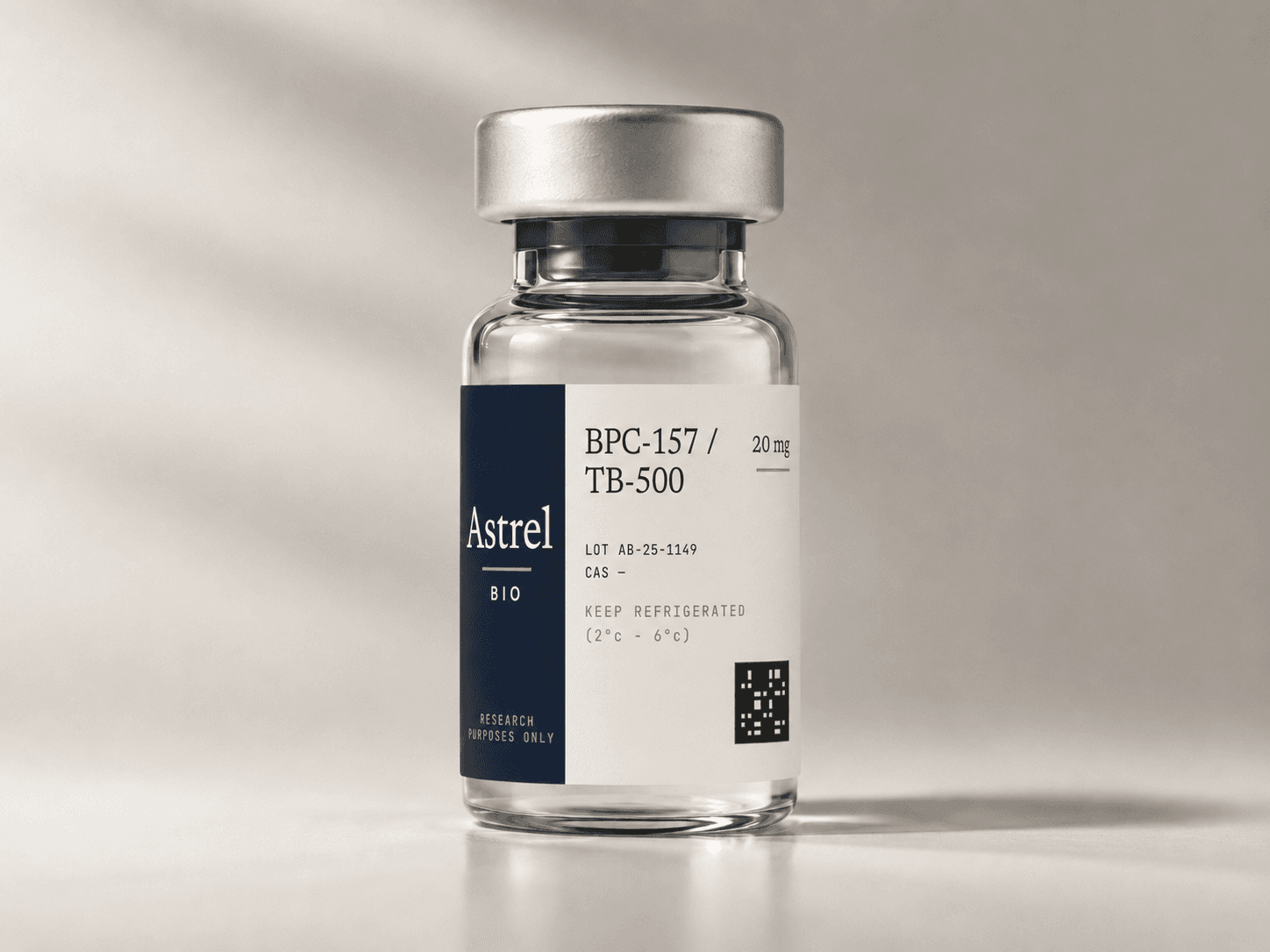 BPC-157 & TB-500 Blend 20mg multi-peptide lyophilised research vial with amber glass and blue crimp cap